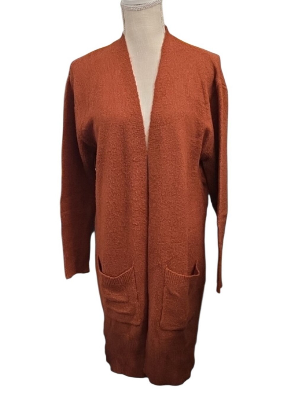 True Craft Rust Open-Front Long Cardigan with Pockets